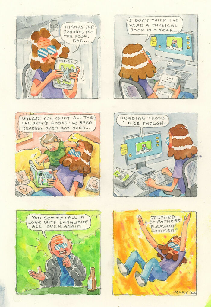Comic by Stephen P. Neary showing a girl discussing books with her dad over a video call, highlighting a humorous moment.