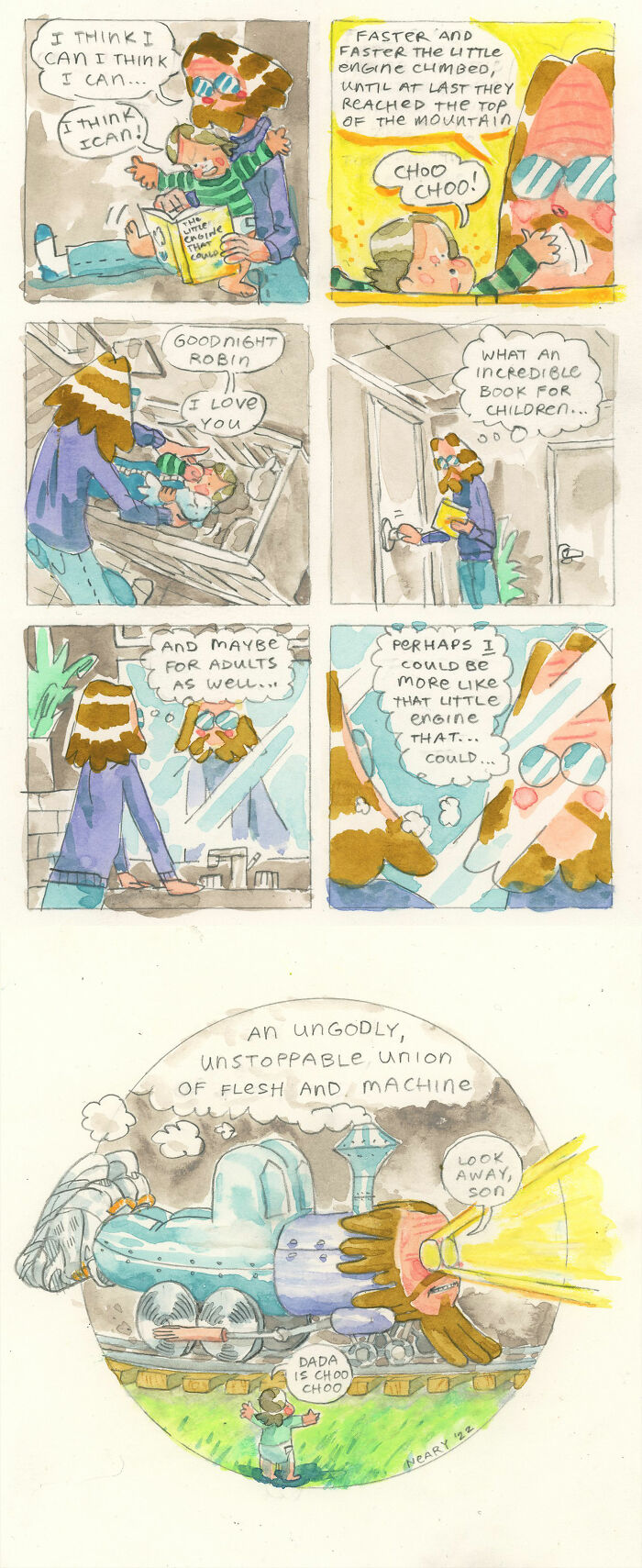 Humorous comic by Stephen P. Neary showing a bedtime story with a train theme and a whimsical transformation.