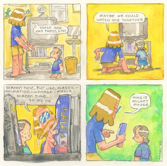 Parent and child in a wholesome comic by Stephen P. Neary, selecting a VHS tape to watch together.