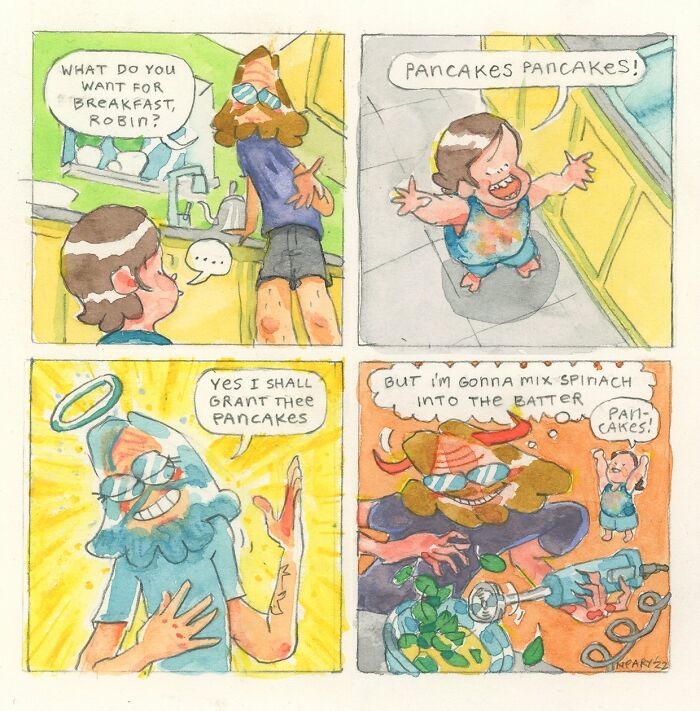 Humorous comic by Stephen P. Neary featuring a playful breakfast scene with pancakes and spinach in the batter.