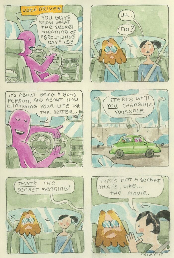 Wholesome humorous comic by Stephen P. Neary featuring a quirky Uber driver discussing the meaning of life.