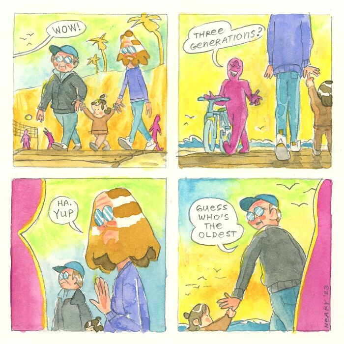Three people humorously discuss generations in a colorful comic strip by Stephen P. Neary.