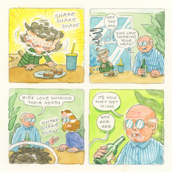 Humorous comic by Stephen P. Neary showing kids shaking their heads and an adult making a joke about it.