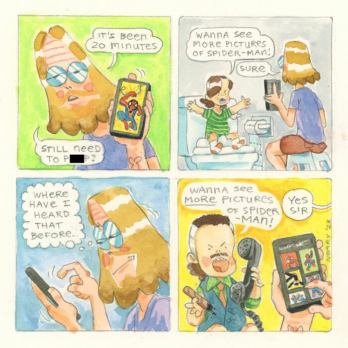 Wholesome comic by Stephen P. Neary showing a humorous interaction about Spider-Man pictures.