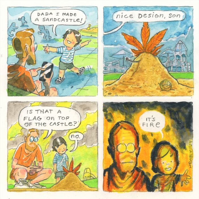Humorous comic by Stephen P. Neary showing a child’s sandcastle with a flame mistaken for a flag.
