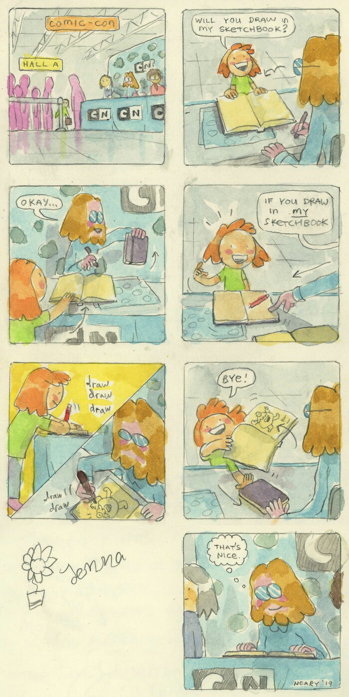 Comics by Stephen P. Neary showing a humorous drawing request at Comic-Con, with amusing illustrations in a sketchbook.