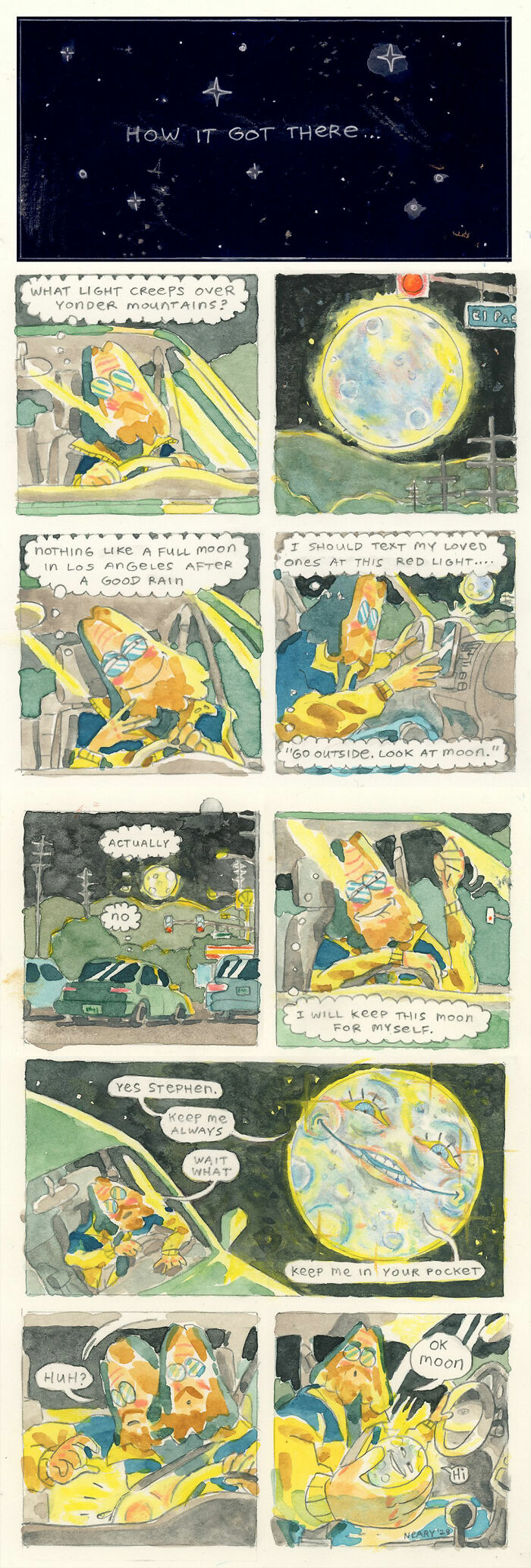 Humorous comic by Stephen P. Neary featuring a conversation with the moon during a car ride.
