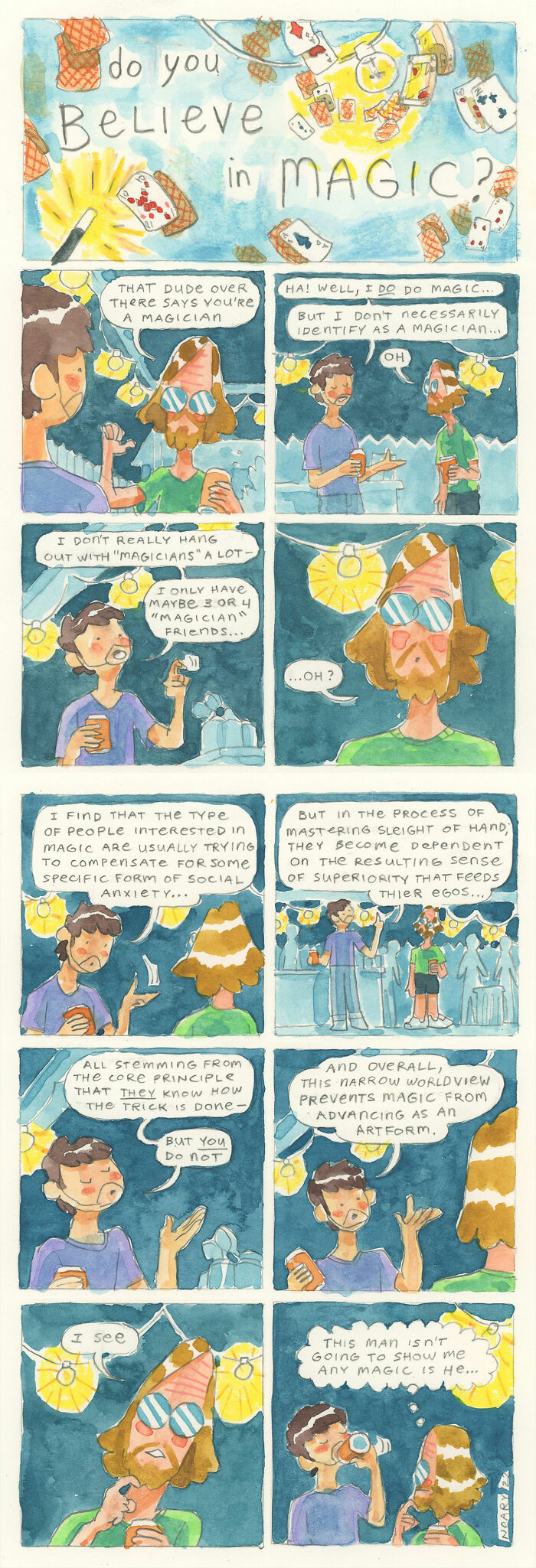 Humorous comic by Stephen P. Neary about magic, featuring two characters discussing the nature of magicians.