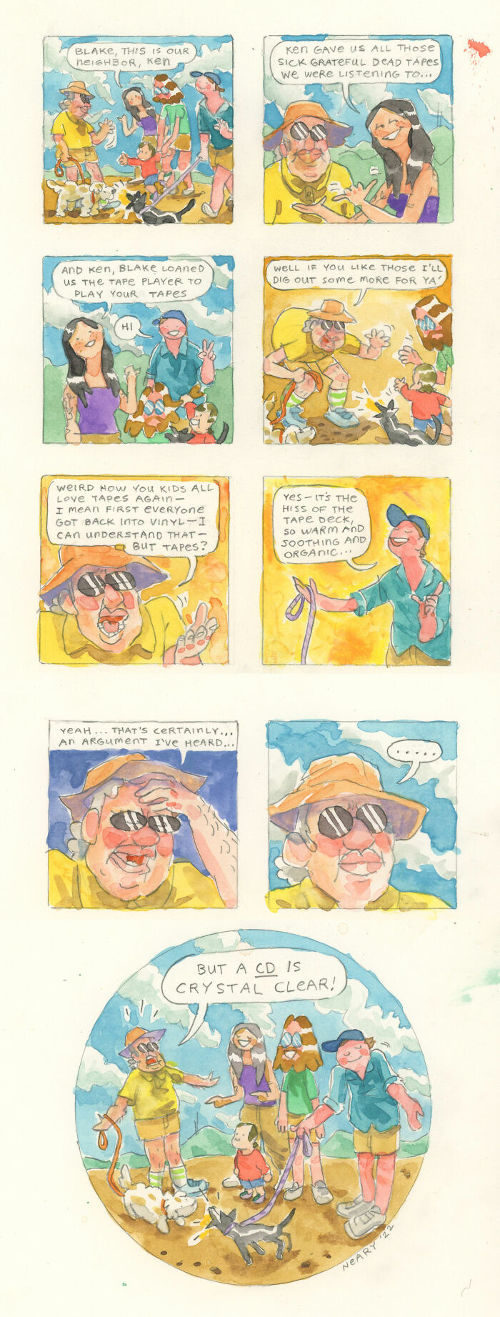 Wholesome comic by Stephen P. Neary featuring a humorous conversation about tapes and CDs with colorful characters and pets.