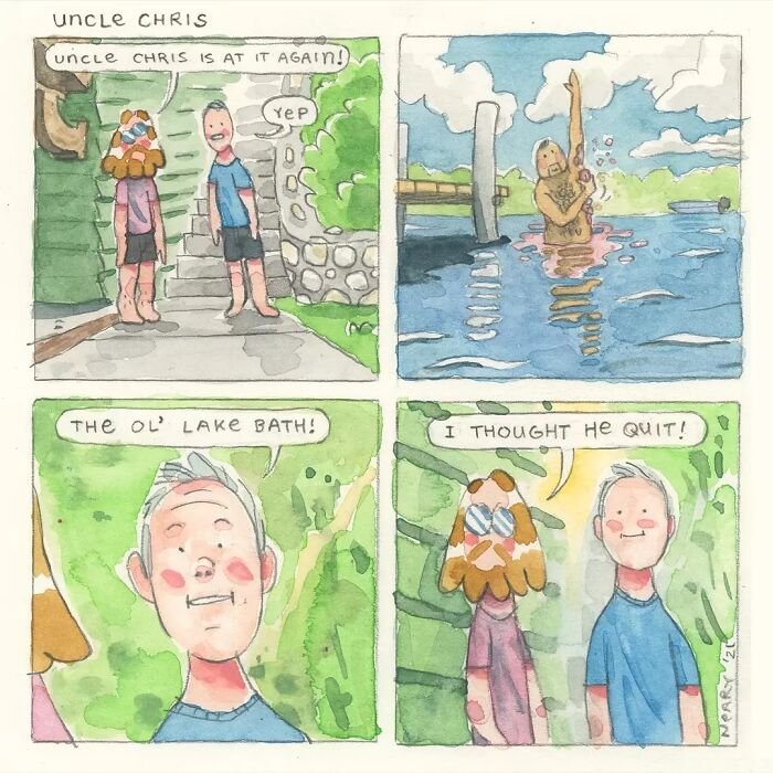Comic by Stephen P. Neary depicting a humorous scene with Uncle Chris taking a lake bath.