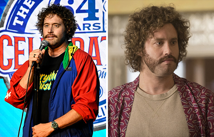 A man in a colorful jacket holding a microphone and in another scene with curly hair and mustache.