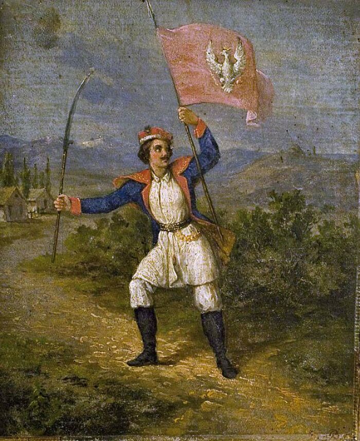 A soldier in traditional attire holding a flag during a surprising war victory scene.