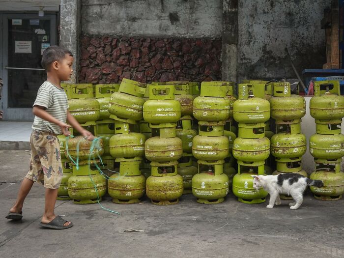 Boy playing near gas cylinders with a cat exploring the area in a city setting.