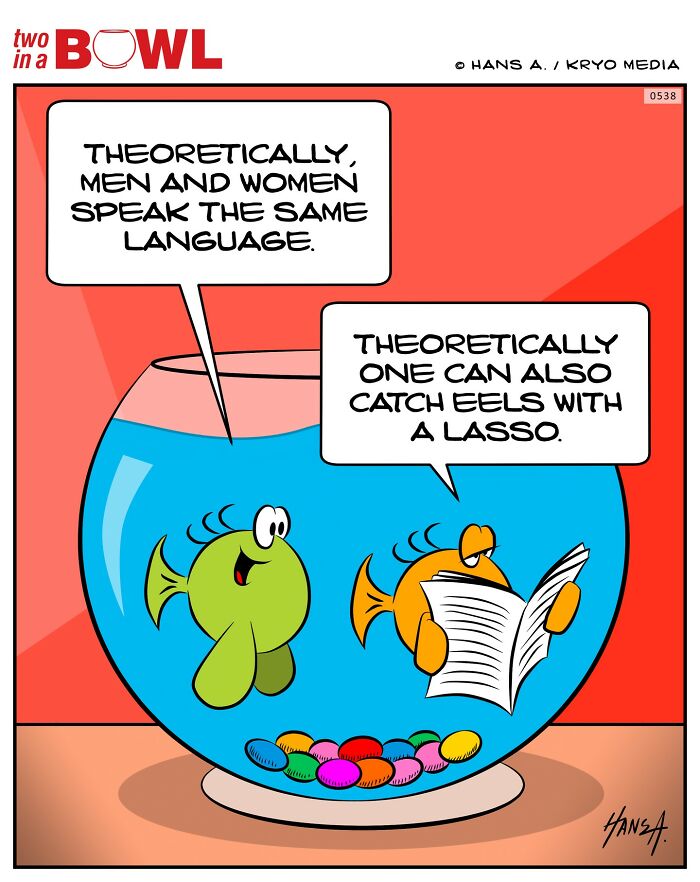 Two fish in a bowl discussing language and eels humorously with speech bubbles.