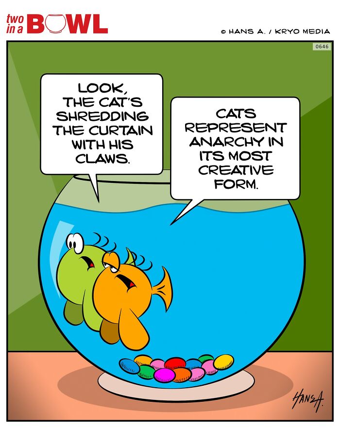 Two fish in a bowl observe a cat, discussing its creative chaos with amused expressions.