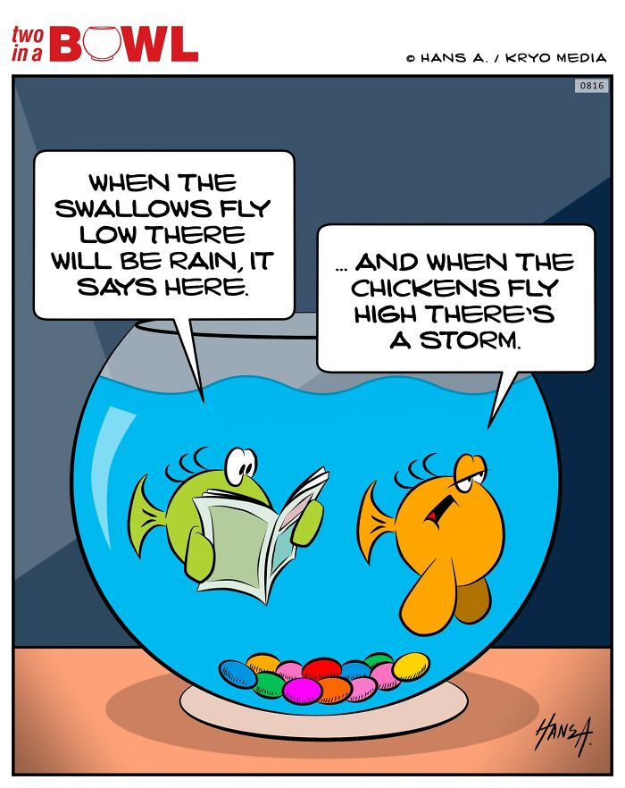 Two fish in a bowl discuss weather predictions, one reading a newspaper.