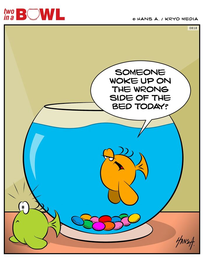 Two fish in a bowl comic, one fish comments humorously about waking up on the wrong side of the bed.