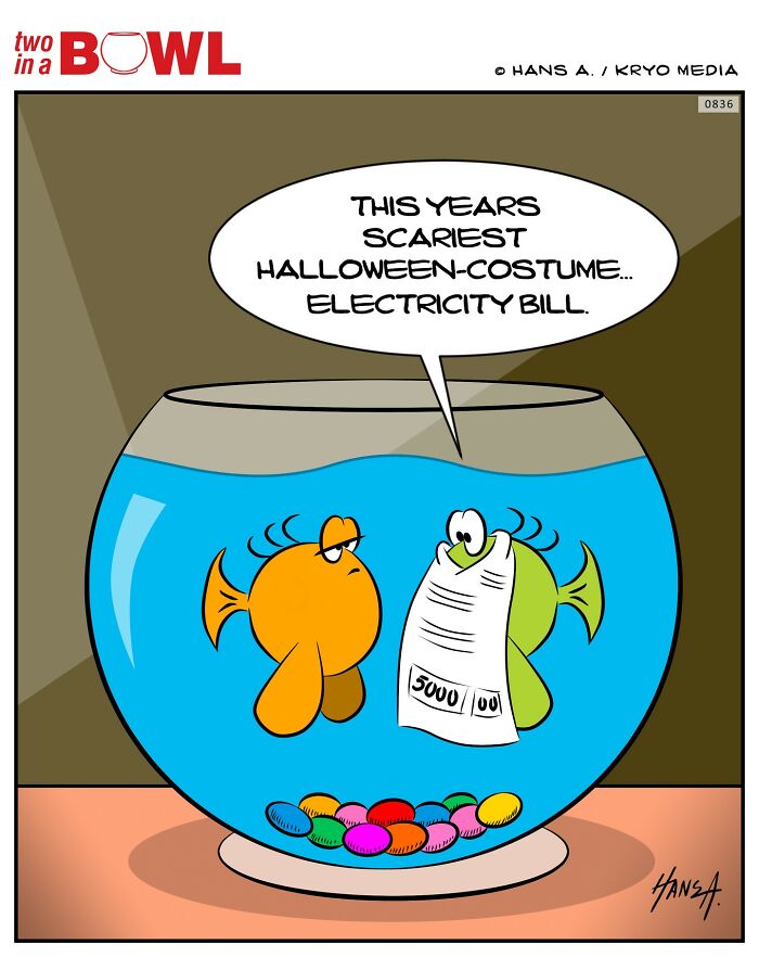 Two fish in a bowl joke about an electricity bill as a scary Halloween costume.