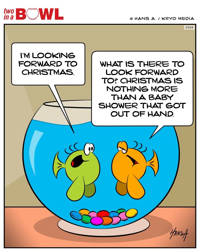 Two fish in a bowl discussing Christmas, with colorful pebbles at the bottom.