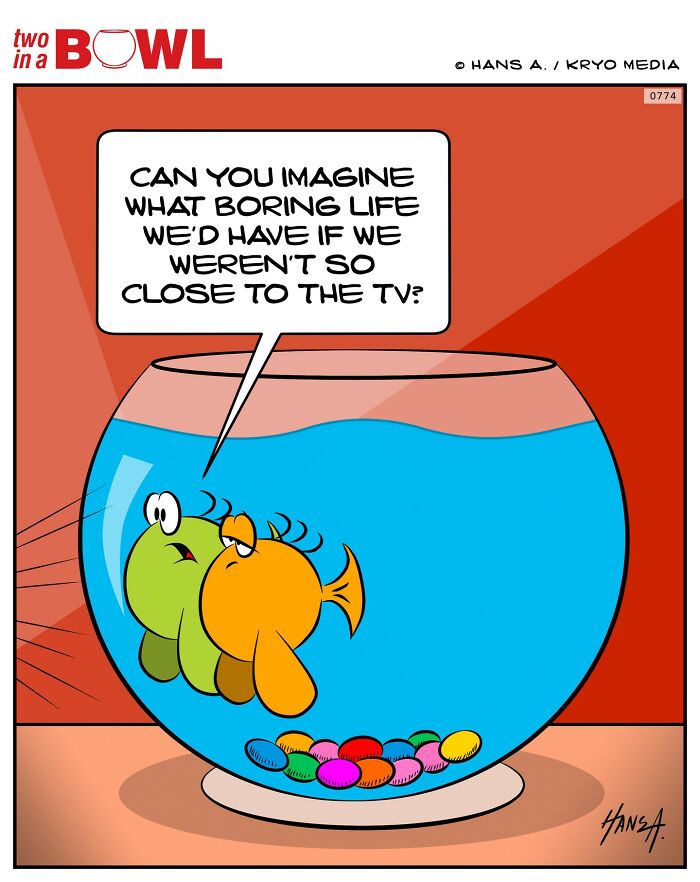 Two fish in a bowl joke about boredom while watching TV, highlighting the humor in their small world.