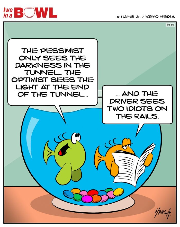 Two fish in a bowl discussing optimism and pessimism humorously.