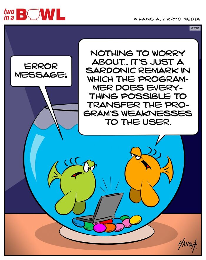 Two fish in a bowl discussing a computer error with humorous speech bubbles.