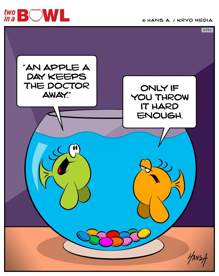 Two fish in a bowl joke about an apple a day, discussing if it keeps the doctor away.