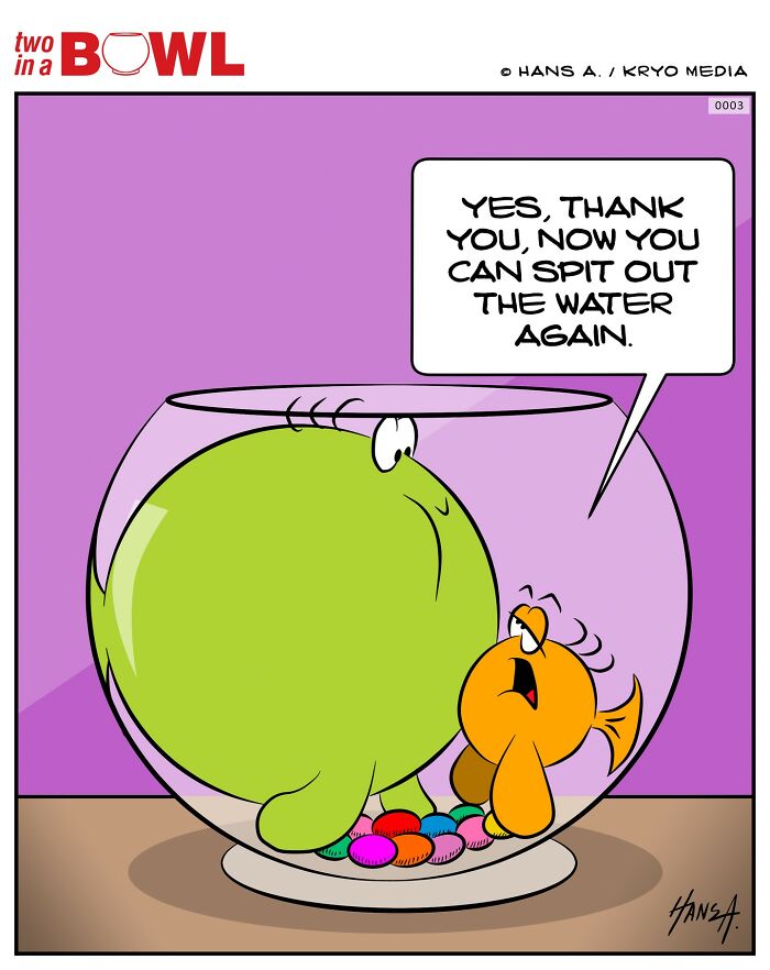 Two fish in a bowl, with one fish larger, sharing a humorous dialogue about spitting out water.