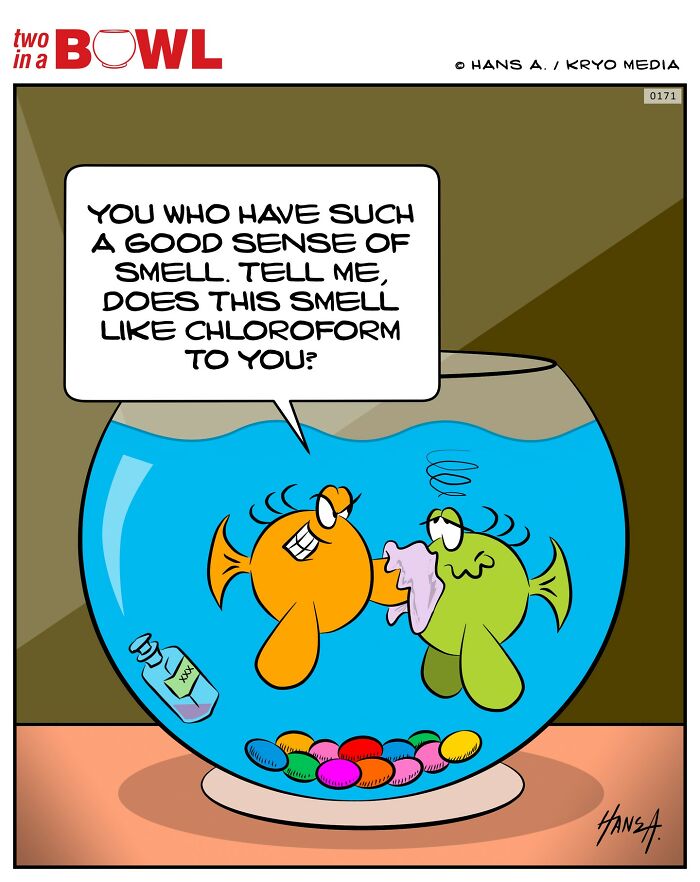 Two fish in a bowl comic with one fish holding a cloth, joking about smell.