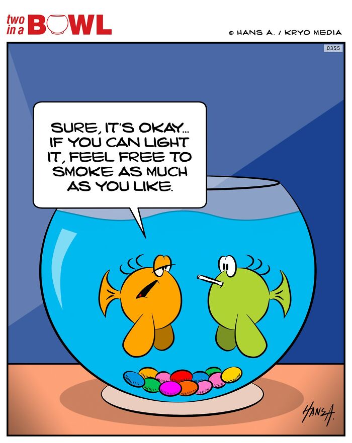 Two fish in a bowl with one holding a cigarette, humorously discussing smoking.