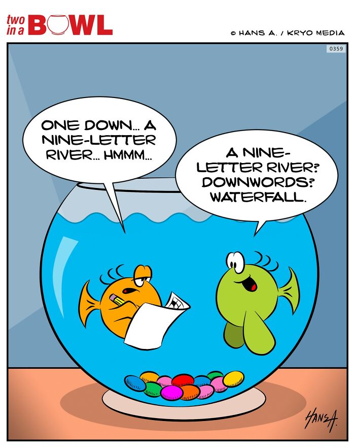 Two fish in a bowl discuss a crossword puzzle, humorously confused about a nine-letter river.