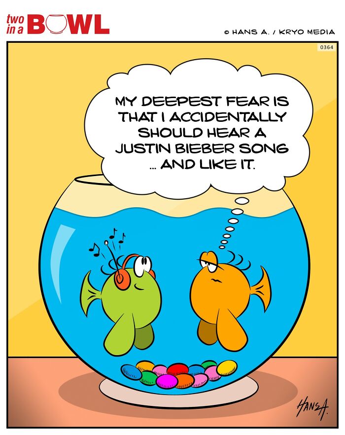Two fish in a bowl, one with headphones, worried about liking a Justin Bieber song.