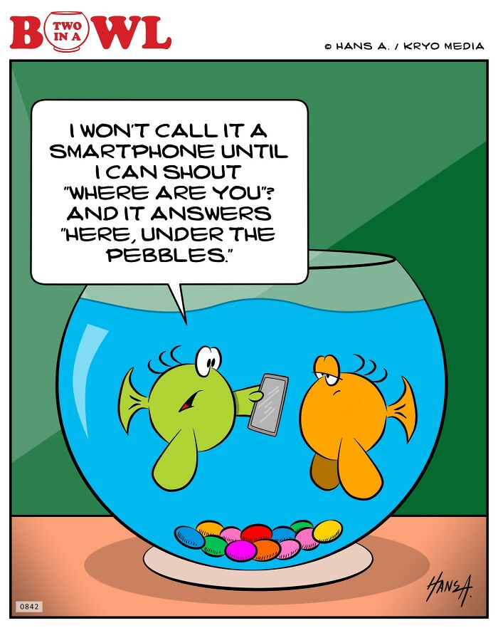 Two fish in a bowl, one holding a smartphone, discussing its features humorously.