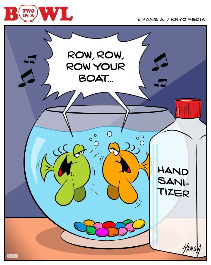 Two fish in a bowl singing, surrounded by colorful pebbles, with hand sanitizer beside them.