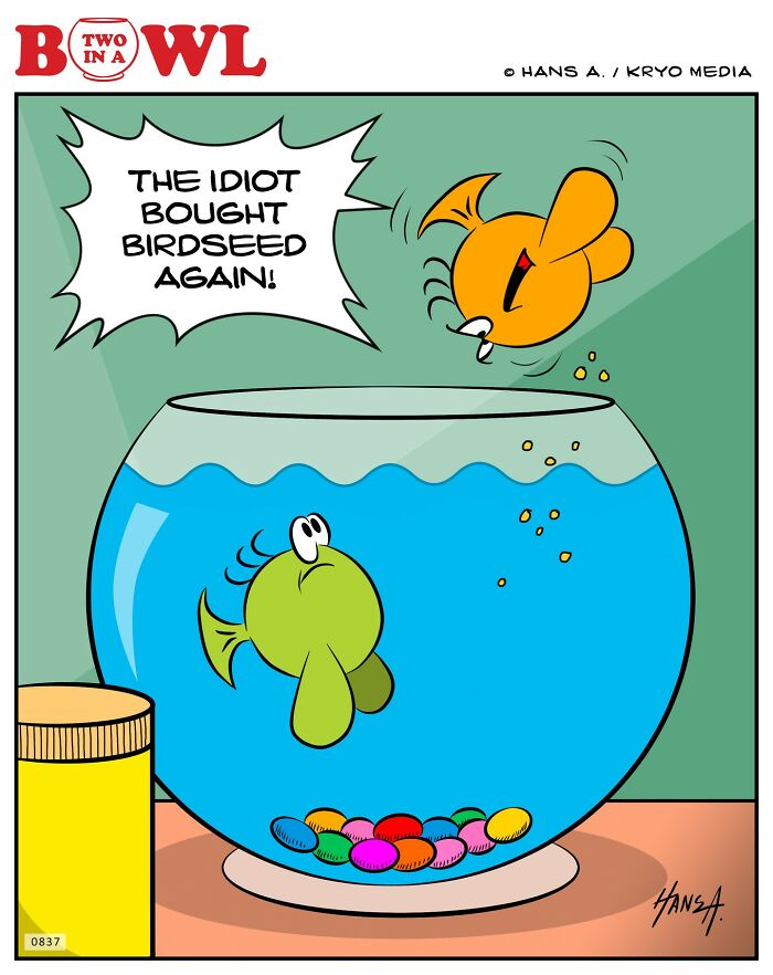 Two fish in a bowl, with one joking about birdseed.