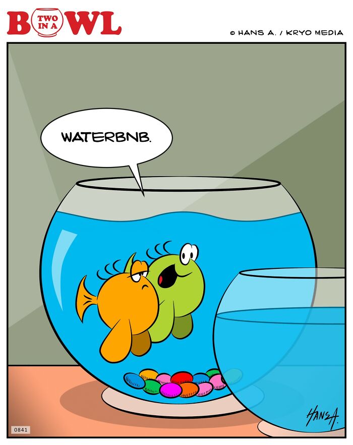 Two fish in a bowl with the phrase "Waterbnb" in a speech bubble, sharing a tiny world.