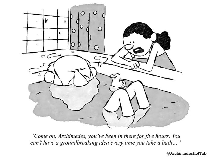 Cartoon of someone in a bathtub with a rubber duck, a person nearby talking about long bath time and ideas.