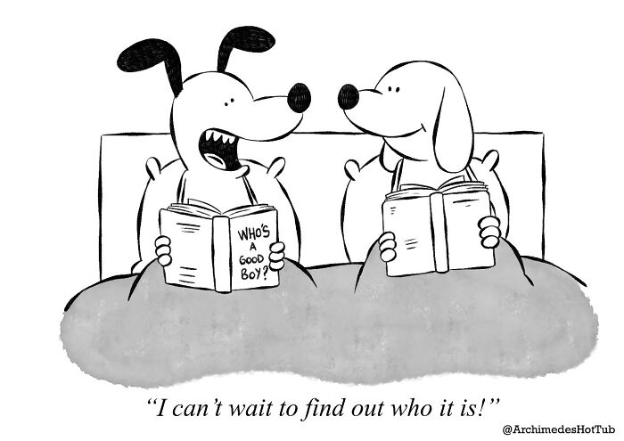 Cartoon of two dogs reading in bed, discussing "Who's a Good Boy?" with existential humor.