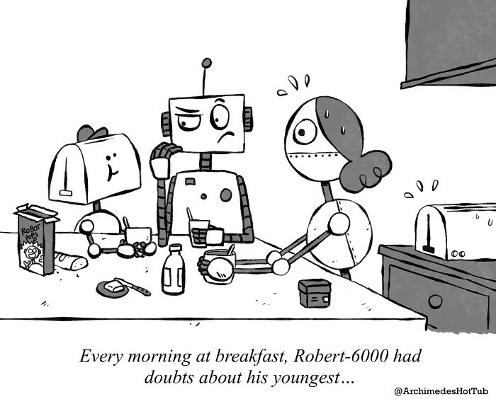 Robots at breakfast table with expressions of doubt, surrounded by food items and toaster.