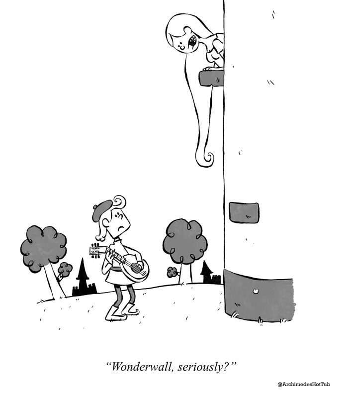 Cartoon of a person with a guitar looking up at a person in a tower, questioning their song choice, with an existential theme.