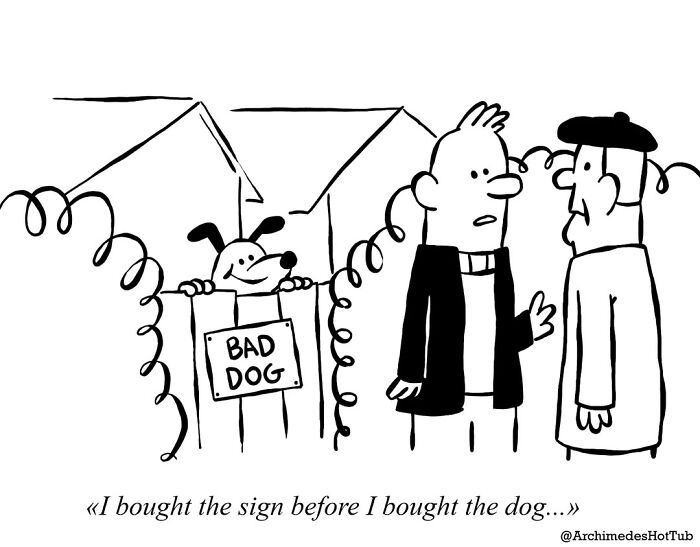 Man and dog in existential cartoon by Thomas Leclercq, with "bad dog" sign shown humorously.