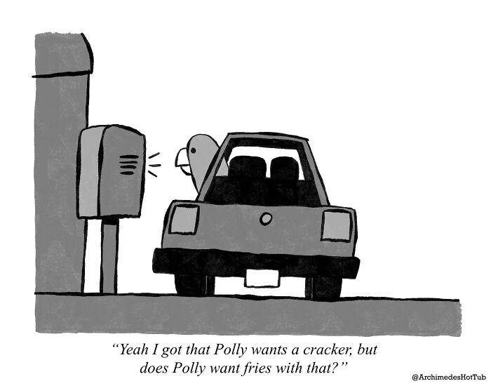 Parrot ordering at a drive-thru, reflecting existential humor from Thomas Leclercq cartoons.