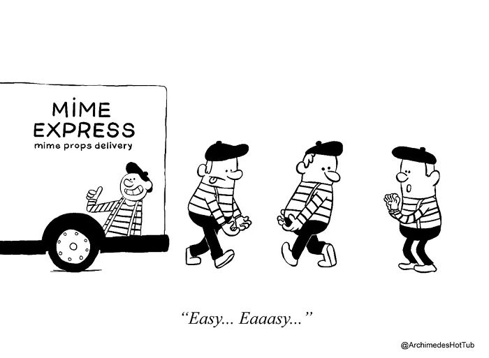 Three mimes from Mime Express humorously carry invisible objects, illustrating existential cartoons.