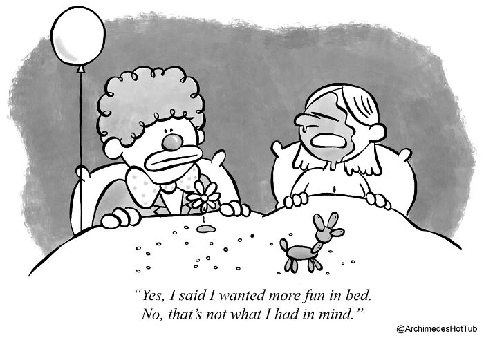 Existential cartoon with a clown in bed, holding a balloon and a balloon animal, while a person looks unimpressed.