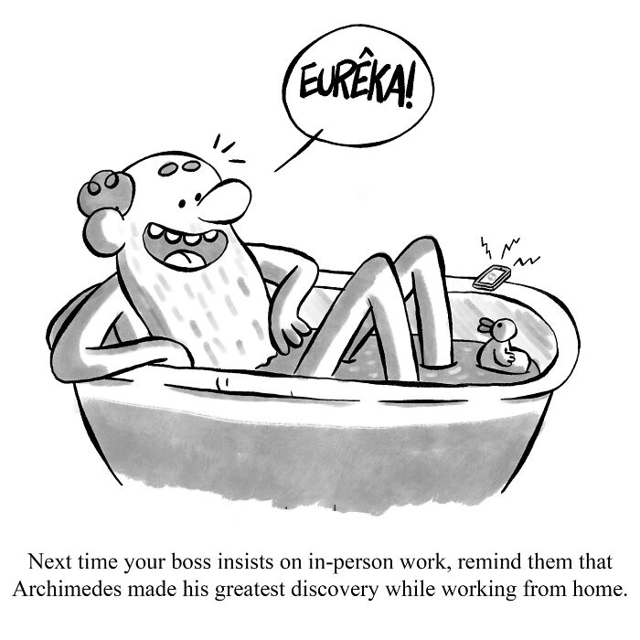 Cartoon character exclaims "Eureka!" in a bathtub, referencing an existential discovery moment.