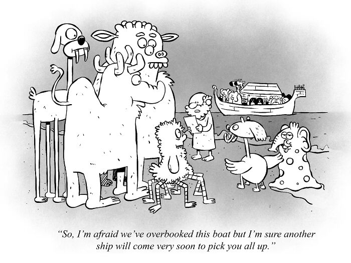 Cartoon of quirky creatures on a shore, discussing an overbooked boat, adding existential humor to the scene.