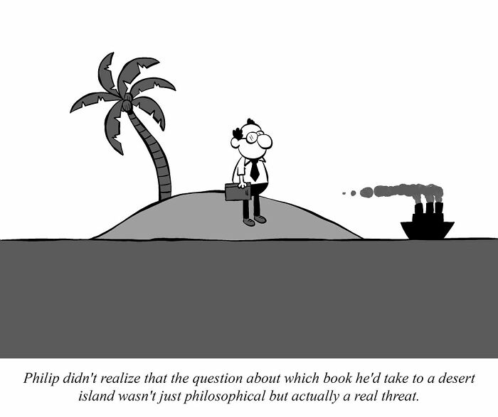 Man sitting on a small island with a palm tree, looking at a distant ship; an existential cartoon.