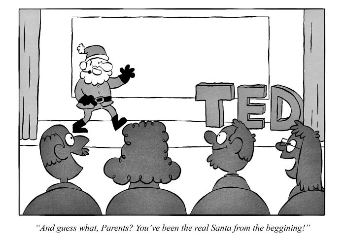 Cartoon of Santa at a TED talk, addressing an audience with an existential message about being the real Santa.