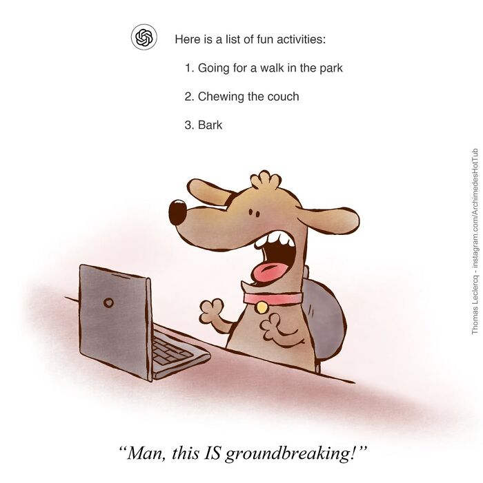 Dog excitedly reading list on laptop; existential cartoons humor by Thomas Leclercq.