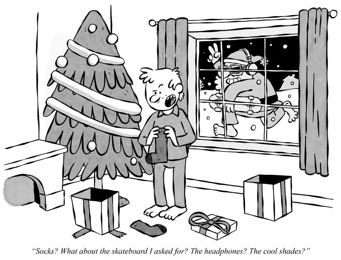 Child holding socks near Christmas tree, expressing disappointment while Santa peeks through the window. Existential cartoons theme.